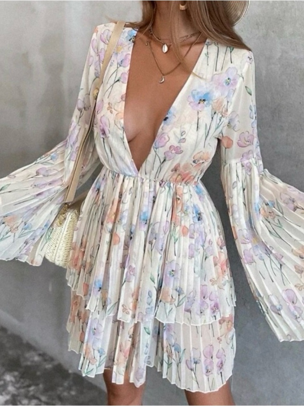 Floral Feminine Dress With Ruffle Sleeves Accordion Polyester Tiered